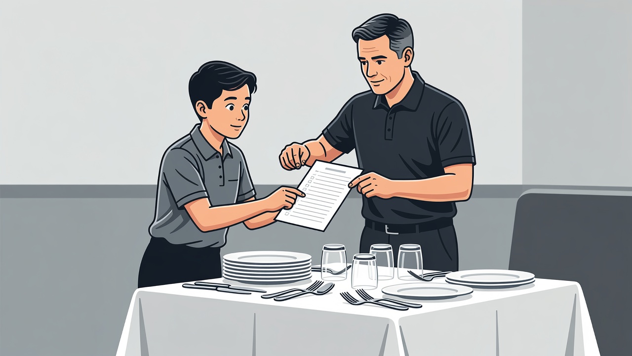Flat vector illustration of a trainer and new team member checking a closing list beside a prepared restaurant station