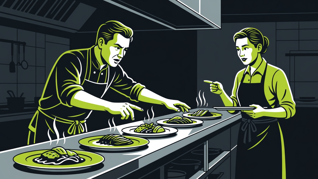 Charcoal, lime and white vector illustration of a kitchen pass lead coordinating plated orders with a front-of-house colleague
